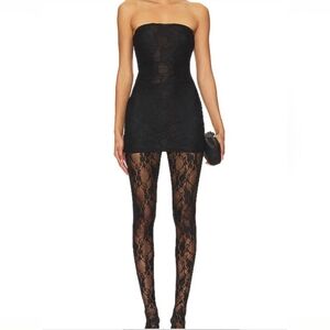 Revolve Somebodee Black Lace Strapless Dress with Tights XS